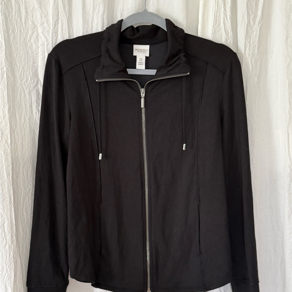 Chico’s Lightweight Zip Jacket Size 0 Black Drapey Stretch Casual Layer, Travel